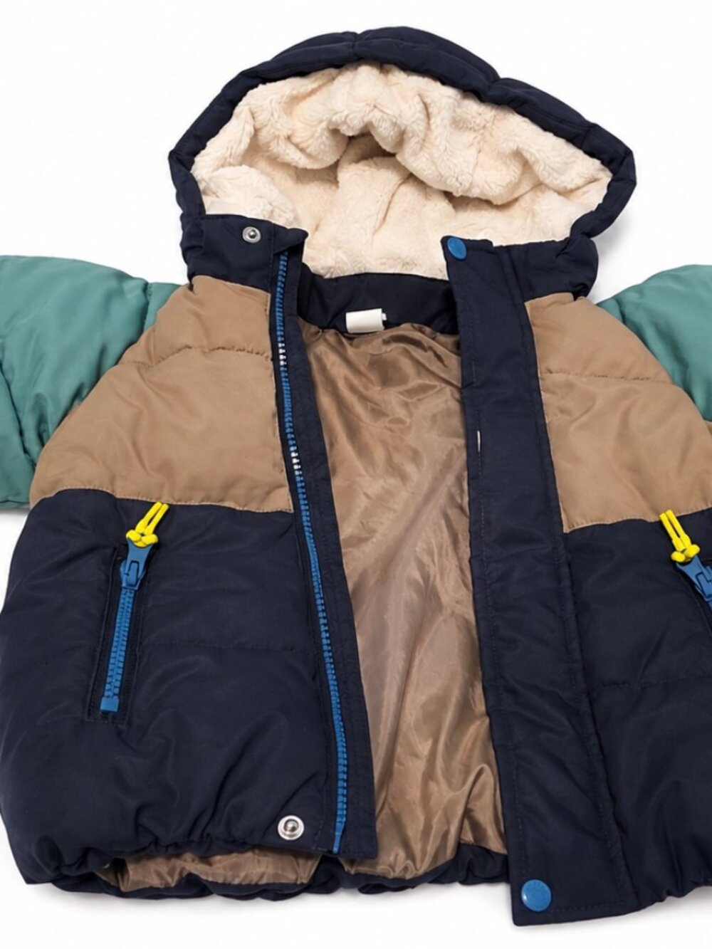 H&M Baby Color Block Hooded Puffer Winter Jacket Navy Teal Tan – Size 12–18 Mont